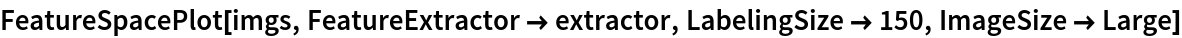 FeatureSpacePlot[imgs, FeatureExtractor -> extractor, LabelingSize -> 150, ImageSize -> Large]